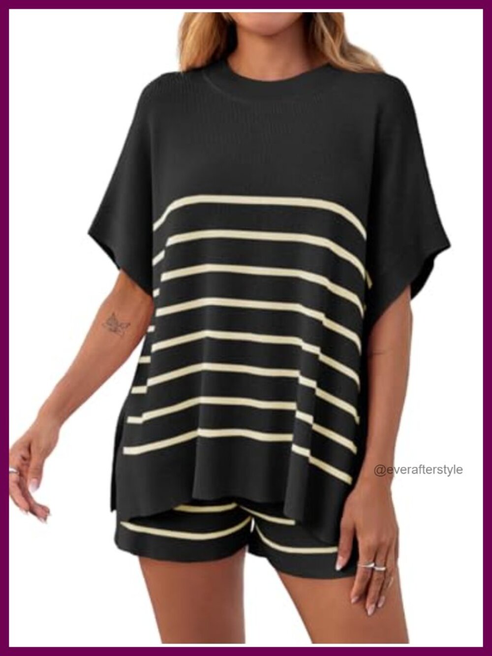 Striped Lounge 2 Piece Short Set, Oversized Batwing Tee & High Waisted Shorts
